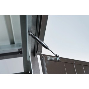 Biohort Gasdruckfeder 75N, 34 cm, schwarz, montiert an Gerätehaus-Tür für gedämpfte Öffnung.