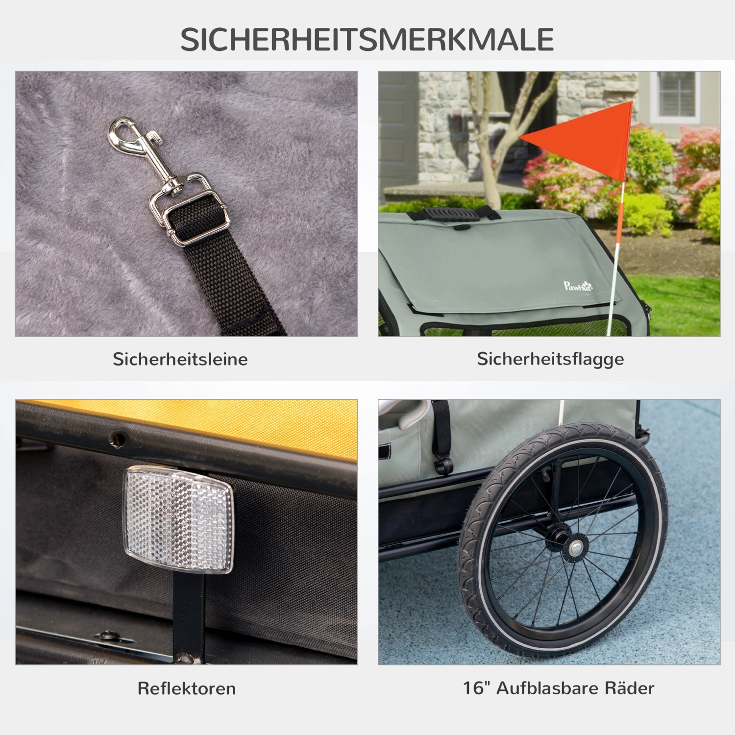 Details des PawHut Hundeanhängers: Sicherheitsleine, Flagge, Reflektoren und 16-Zoll-Räder.