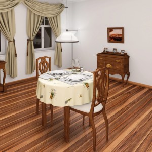 Gedeckter Esstisch mit d-c-fix Tischdecke Larissa Meterware mit Lavendel-Motiv.