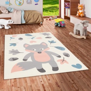 Kinderteppich mit Fuchs-Motiv in Pastellfarben, 140x200cm. Kurzflorteppich für Kinderzimmer.