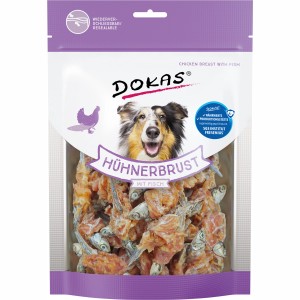 Dokas Hühnerbrust mit Fisch, 220g, Hunde-Natursnack im wiederverschließbaren Beutel.