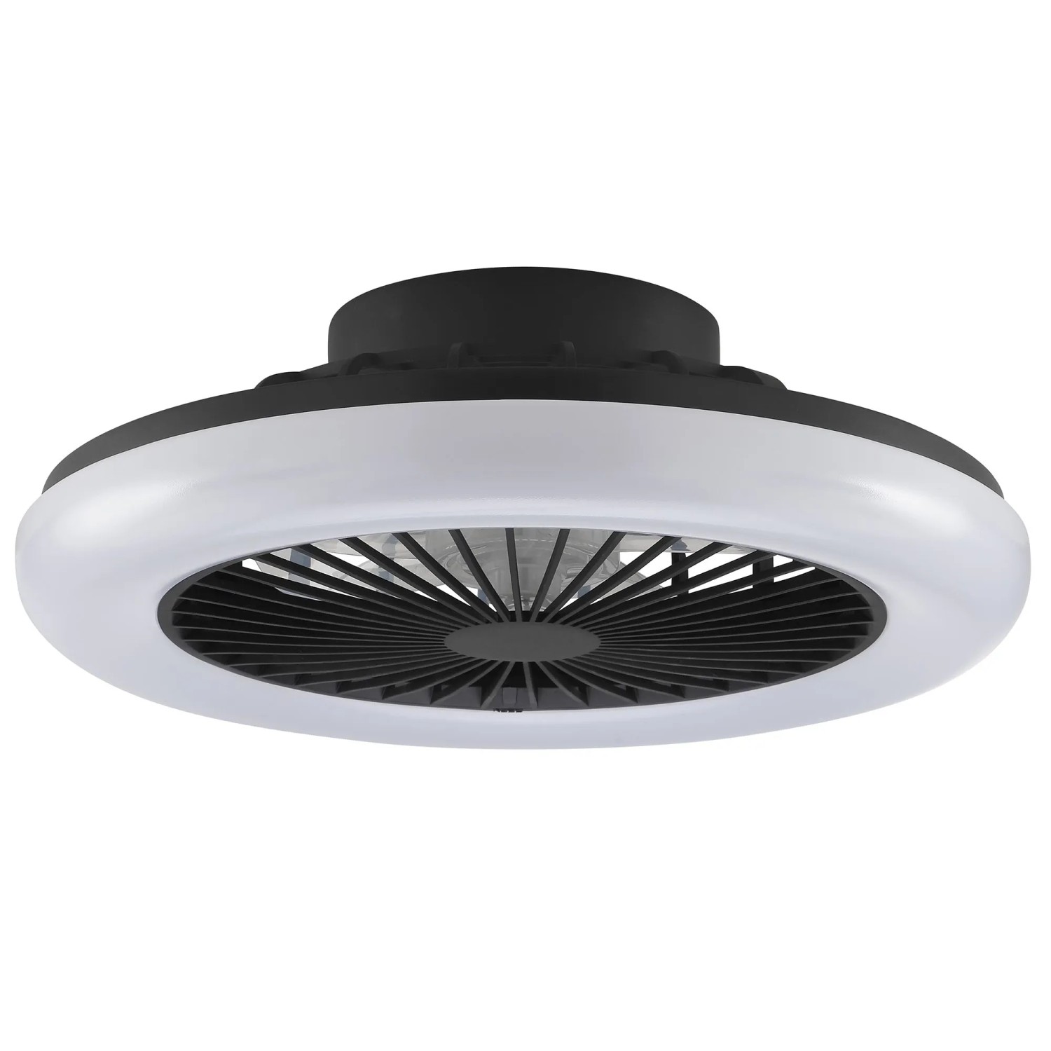 Schwarze LED-Deckenleuchte Montero mit Ventilator, Ø 42cm. Moderne Deckenlampe mit einstellbarer Lichtfarbe.