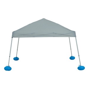Grauer Sunjoy Poolpavillon Gran 300x300 cm mit blauen Gewichten, ideal als Terrassenüberdachung.