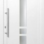 Weiße Kunststoff-Haustür (110x210) mit Milchglas-Einsatz und Edelstahlgriff, Anschlag rechts.