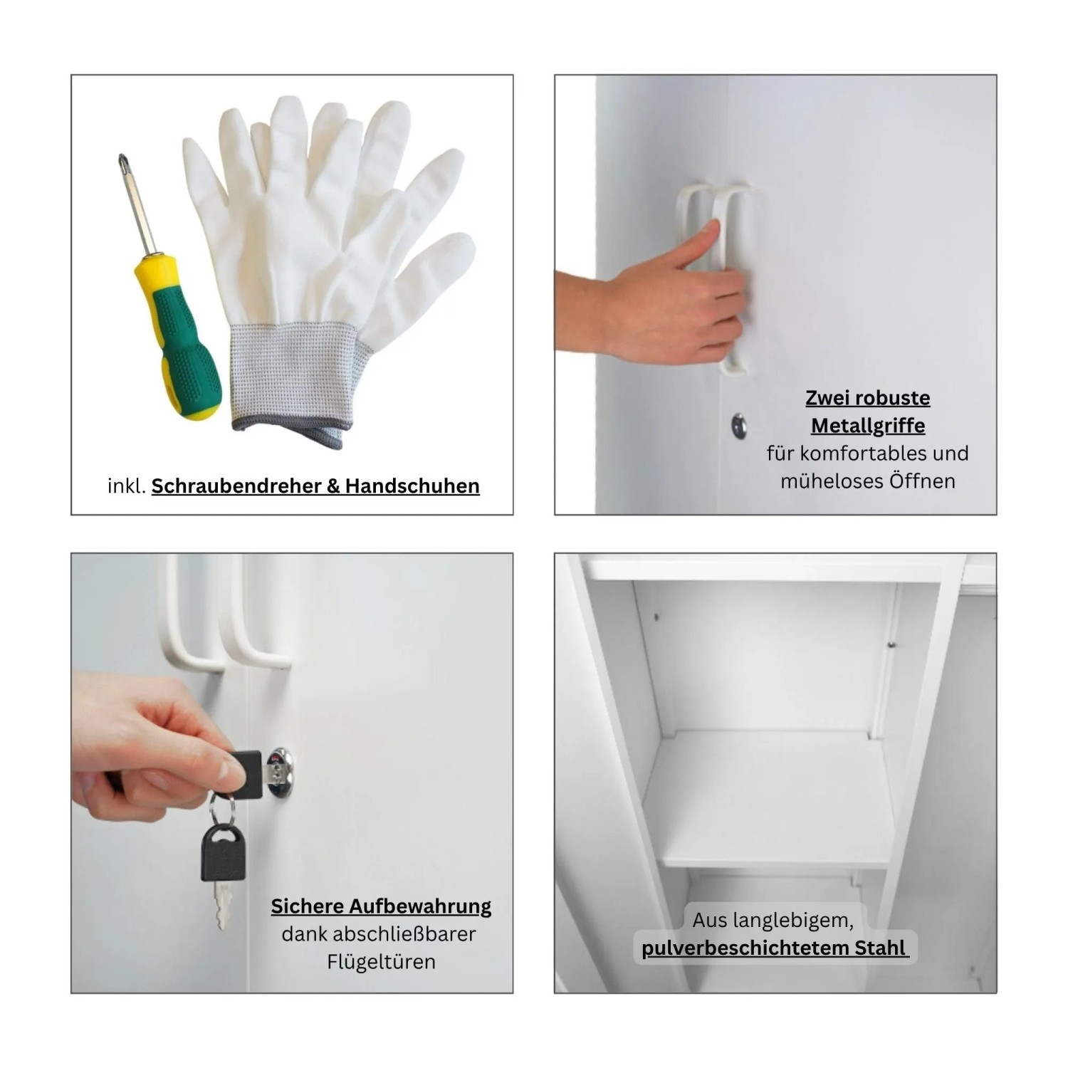PROREGAL Flügeltürenschrank Rhino Mit 2 Türen Abschließbar HxBxT 170x70x30cm 5 Fächern & Kleiderstange Stahl Pulverbeschichtet Weiß Putzmittelschrank_5