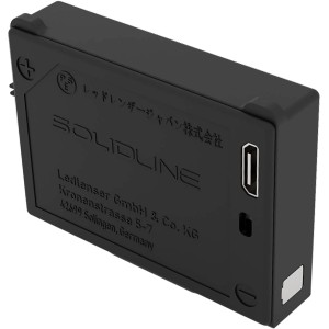 Schwarzer Solidline Akku 850 für LED-Taschenlampen mit USB-Anschluss.