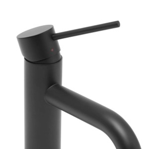 Moderne schwarze Waschtischarmatur aus mattem Edelstahl. Runder Einhebelmischer für Bad und Waschtisch.