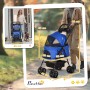 Blauer PawHut Hundewagen mit Maßen und Frau mit Hund im Hintergrund.