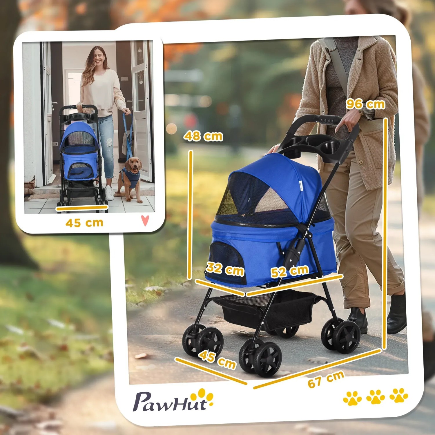 Blauer PawHut Hundewagen mit Maßen und Frau mit Hund im Hintergrund.