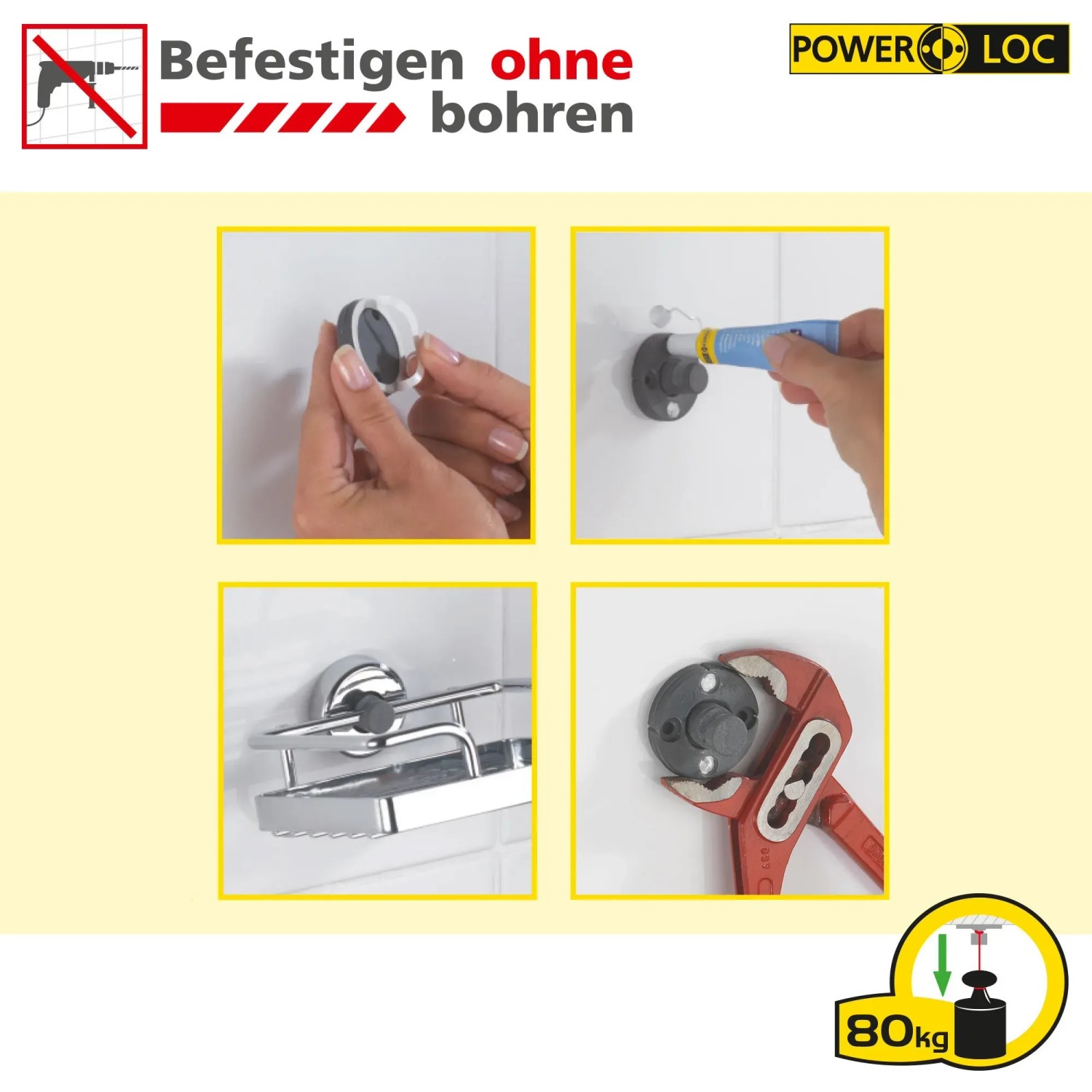 Montage des Wenko Power-Loc Systems für Bad-Accessoires: Befestigen ohne Bohren mit Kleber.