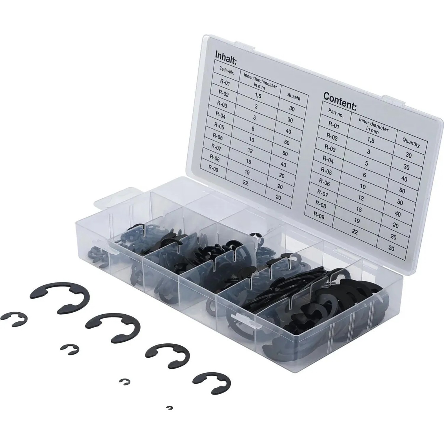 Westfalia E-Sicherungsring-Sortiment Federstahl 1,5-22 mm 300-Teilig