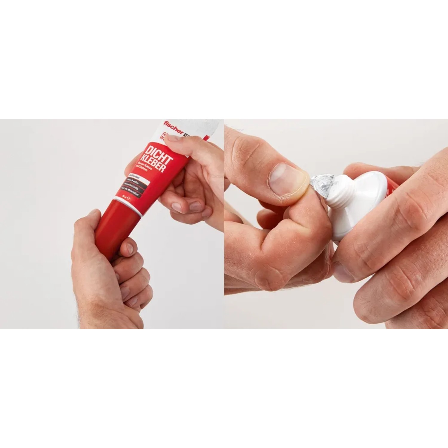Fischer Dicht Kleber, 80ml Tube in roter Verpackung, wird von Hand geöffnet.