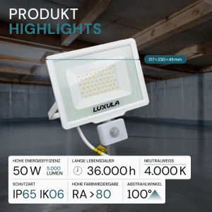 Weißer LUXULA LED-Außenstrahler mit Bewegungsmelder, 50W, 5000lm, neutralweißes Licht.