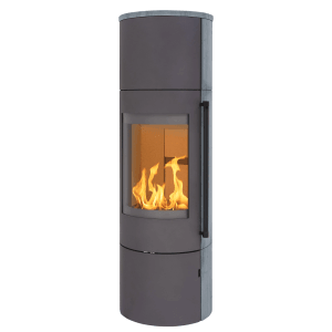 H&M Kaminofen EVO 2.1 XL Naturstein-Titan mit Feuer. Moderner Ofen für gemütliche Wärme.