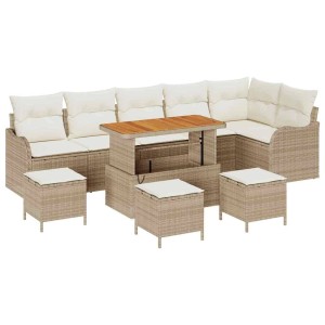 Beiges 10-tlg. vidaXL Garten-Sofa-Set aus Poly Rattan mit höhenverstellbarem Tisch.