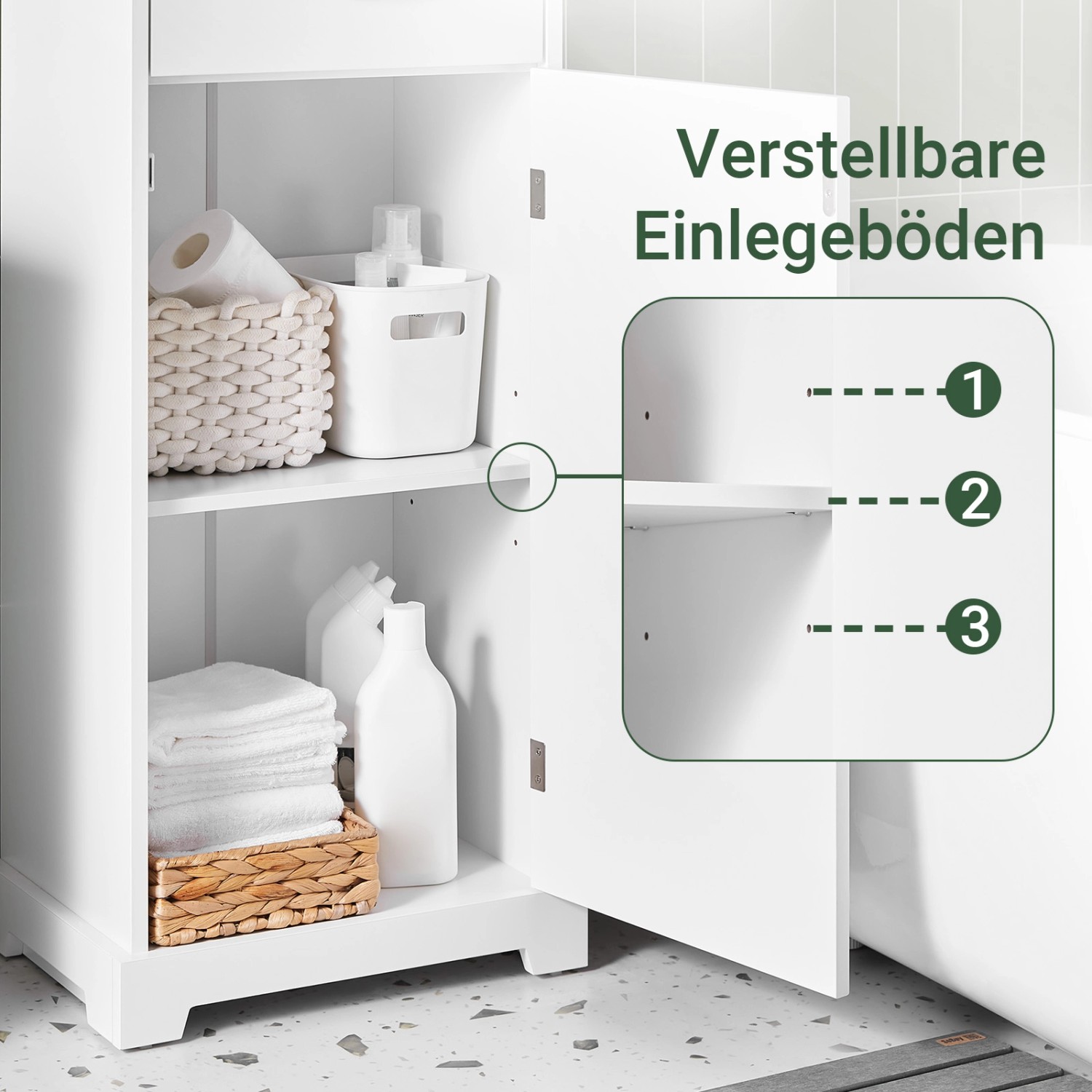 Weißer SoBuy Badezimmerschrank mit offenen Türen und verstellbaren Einlegeböden.