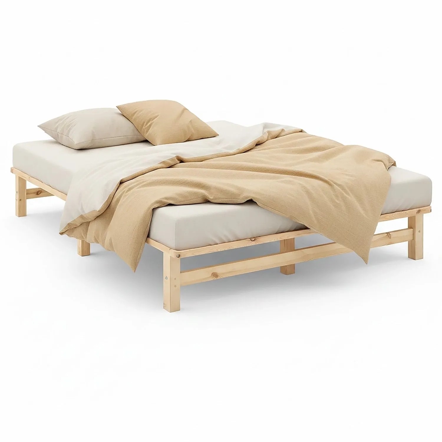 Modernes Palettenbett 140x200 cm aus hellem Kiefernholz mit Lattenrost, Matratze und beiger Bettwäsche.