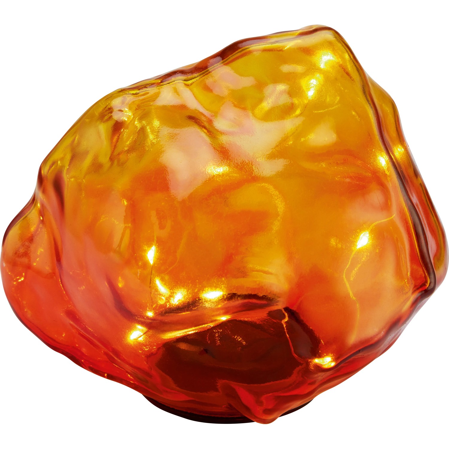 Orange-roter Solar-Dekostein Kristall mit warmweißen LEDs, 13,5x14,5x12cm. Dekorative Solar-Deko für Garten und Balkon.