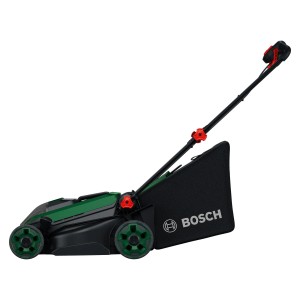 Bosch Akku-Rasenmäher Rotak 18V2-38 mit Akkus und Ladegerät, schwarz und grün.