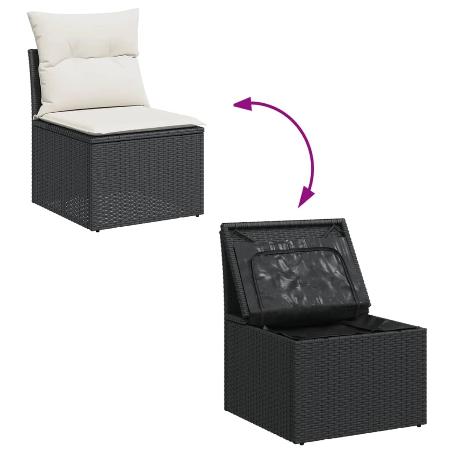 vidaXL Garten-Sofagarnitur, 12-teilig, schwarz, Poly Rattan, mit Stauraum und Kissen.