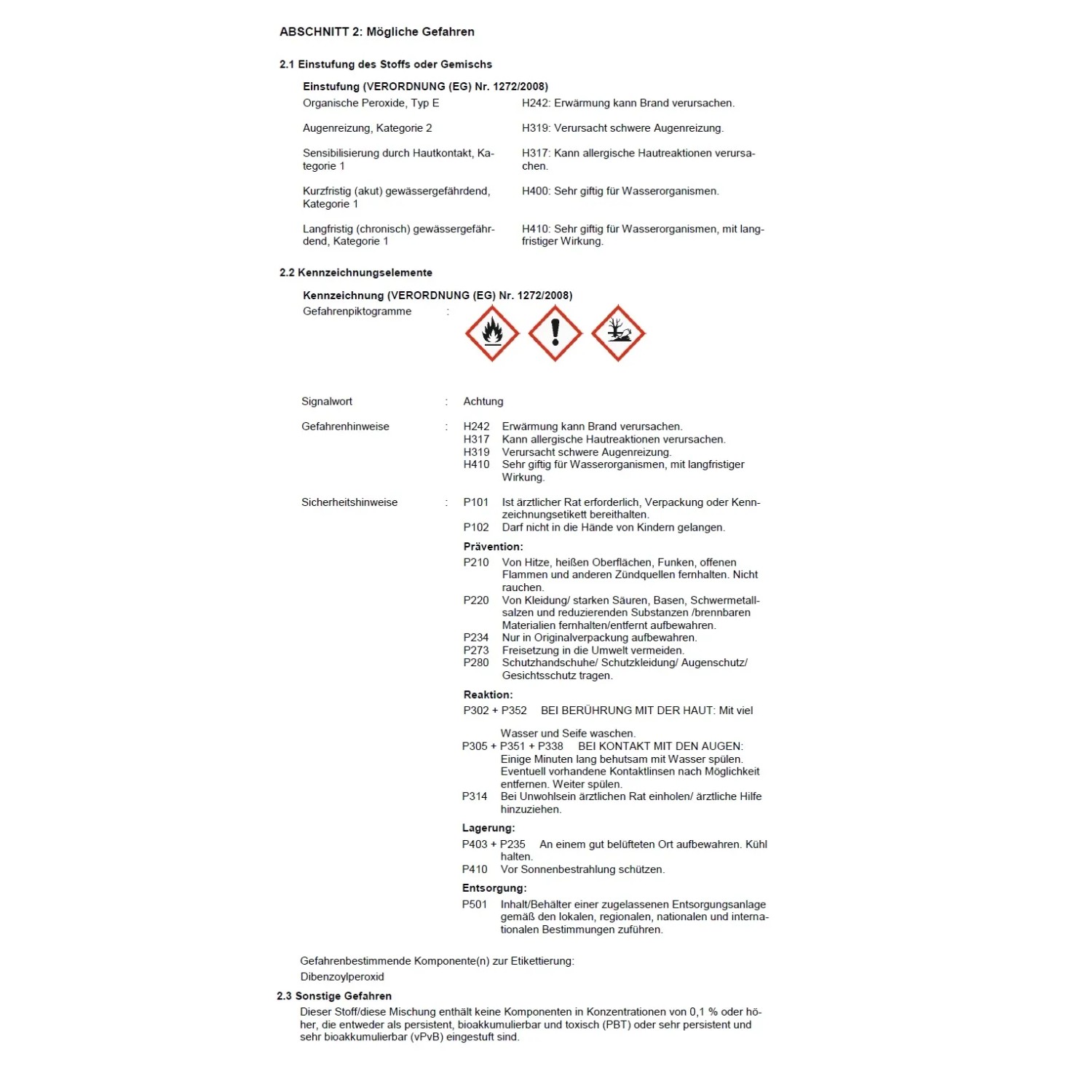 Sicherheitsdatenblatt: Gefahrenhinweise und Sicherheitshinweise zu Inhaltsstoffen.