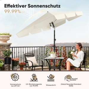 Rechteckiger, beiger Sekey Sonnenschirm 200x125 cm auf Balkon mit sitzender Person.