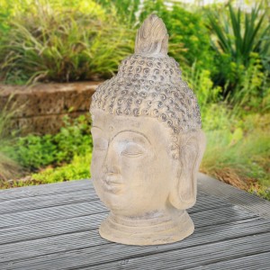 Beige-graue Buddha Figur, 55 cm, aus Kunststein für Garten und Haus.