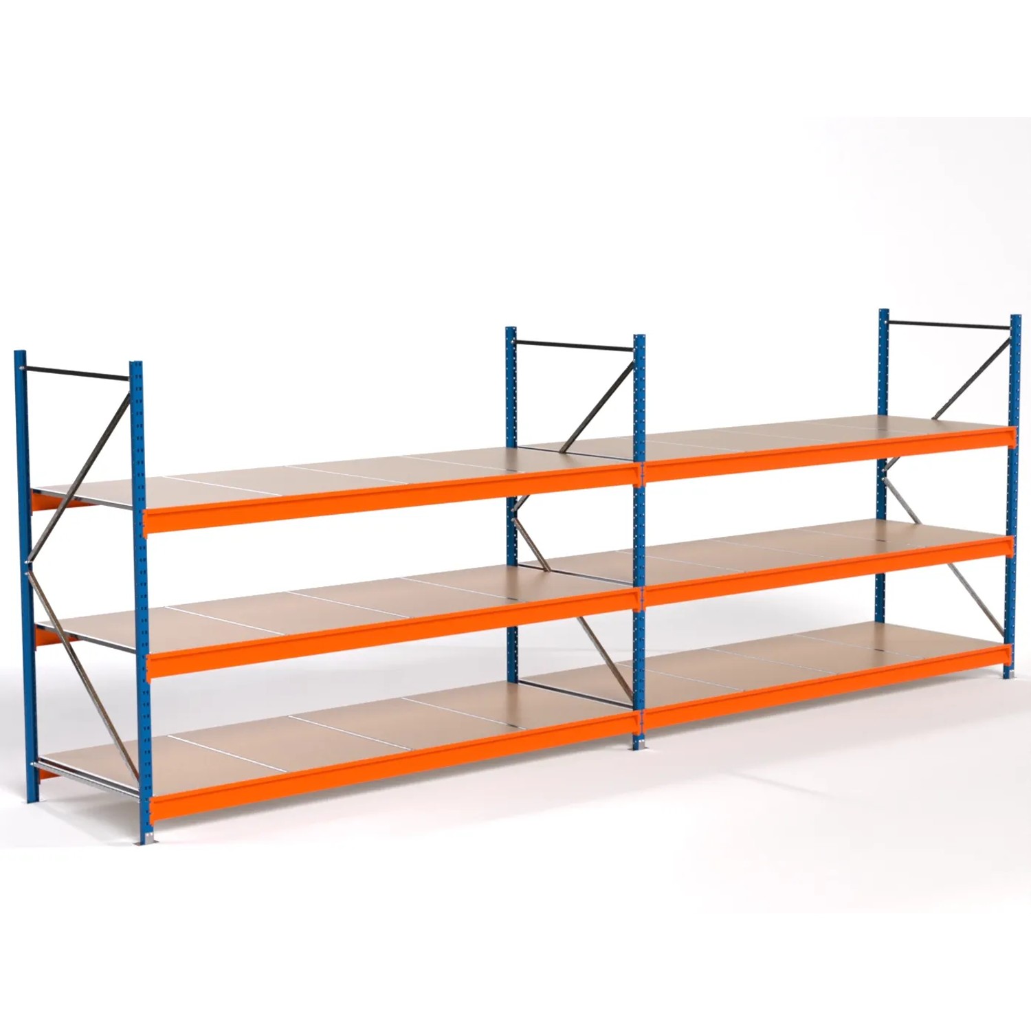 PROREGAL Industrie Weitspannregal Lagerregal MAXIMUS PRO Komplettregal 2 Felder HxBxT 200x550x100cm 3 Spanplatten-Fachboden Fachlast 450kg Blau/Orange