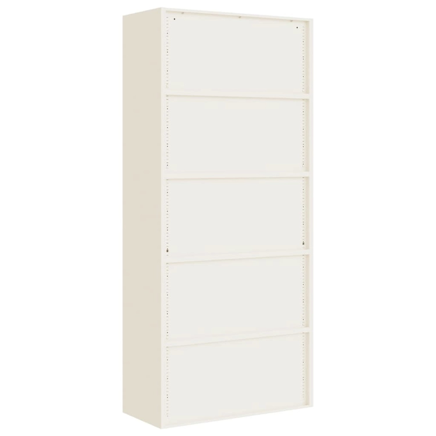 Weißer, hoher Aktenschrank aus Stahl (90x40x200 cm) mit 4 Einlegeböden für Bürobedarf.