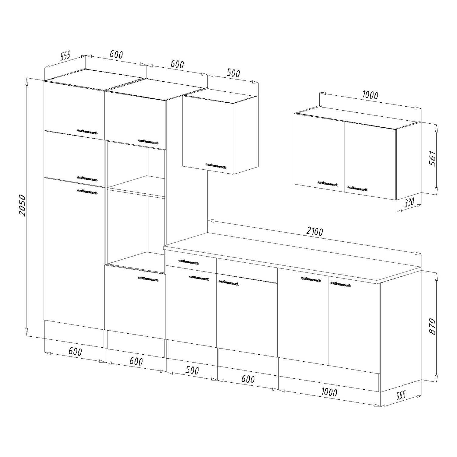 Skizze der Respekta Küchenzeile KB330EYGMIGKE, 330 cm, Grau Seidenglanz/Eiche York Nachbildung.