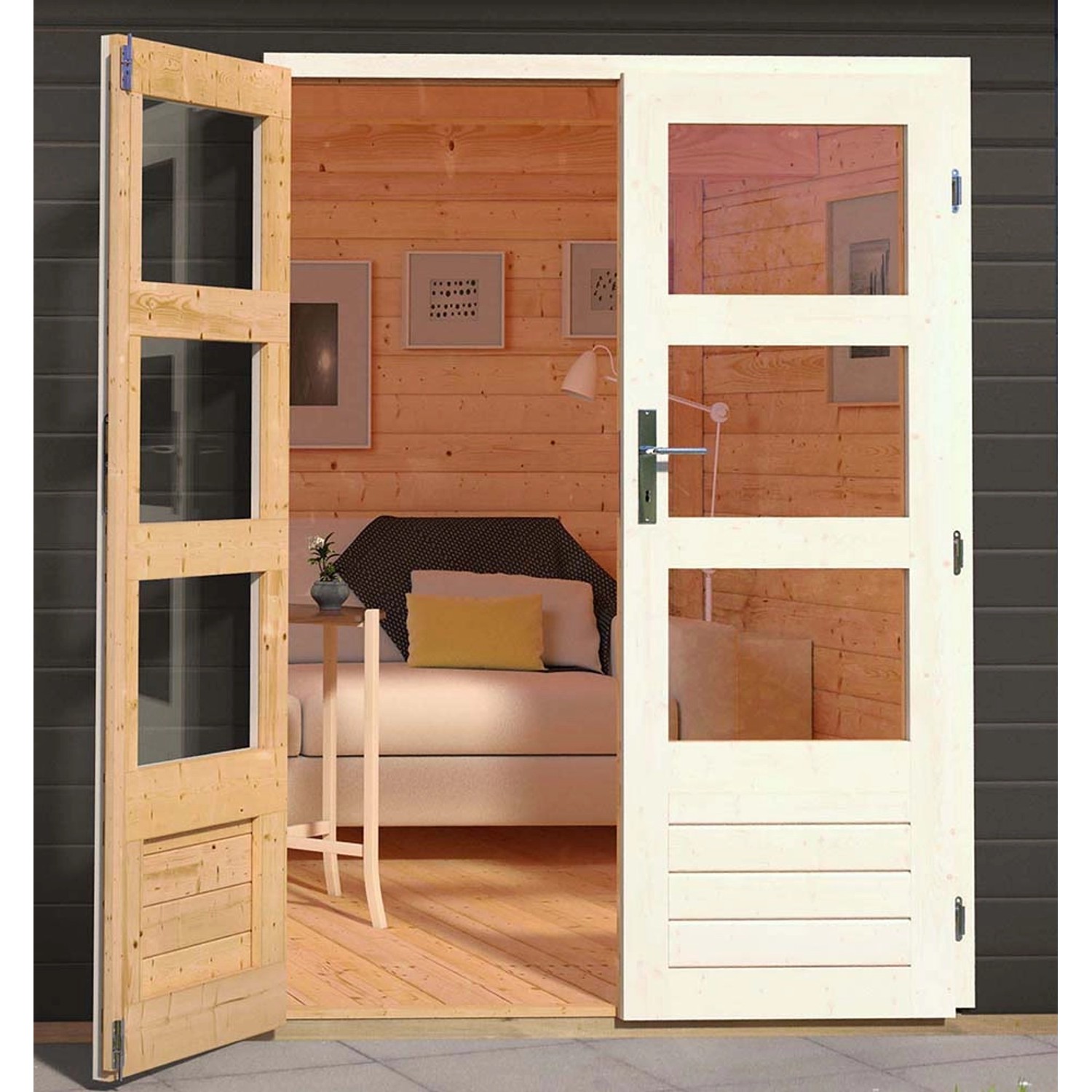 Offene Tür des terragrauen Karibu Holz-Gartenhauses Karlskoga mit Pultdach und Fenstern.