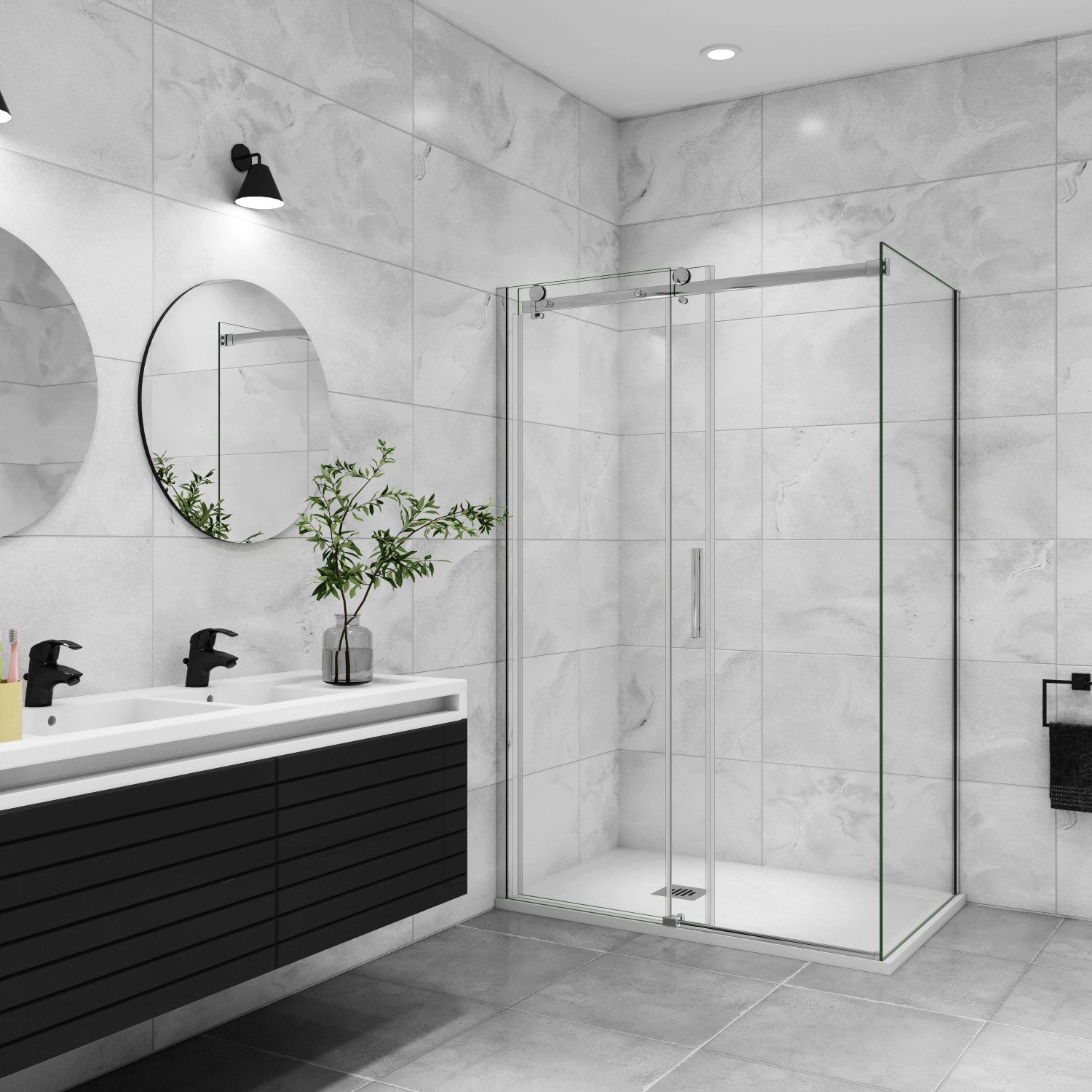 Eckdusche mit Schiebetür, 100x80 cm, Klarglas, Chromrahmen. AICA Duschkabine im Badezimmer.