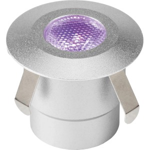 LED-Bodeneinbauleuchte Budoni RGB, runde Aluminium-Leuchte mit violettem Licht.
