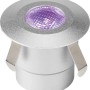 LED-Bodeneinbauleuchte Budoni RGB, runde Aluminium-Leuchte mit violettem Licht.