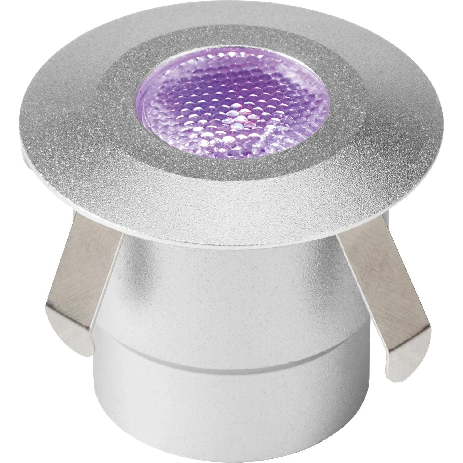 LED-Bodeneinbauleuchte Budoni RGB, runde Aluminium-Leuchte mit violettem Licht.