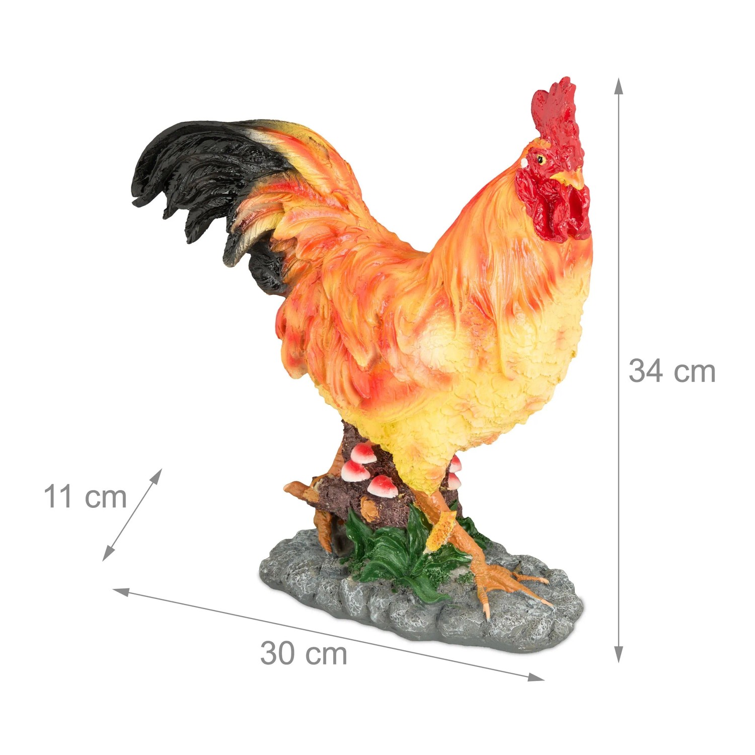 Detailreiche Gartenfigur Hahn aus Polyresin, braun, rot, gelb, 34x30x11cm. Wetterfeste Deko für Garten & Ostern.
