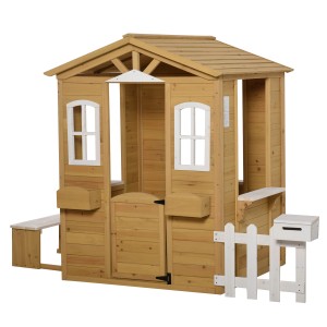 Outsunny Kinderspielhaus aus Holz mit Tür, Fenster, Briefkasten und Zaun für Kinder von 3-6 Jahren.