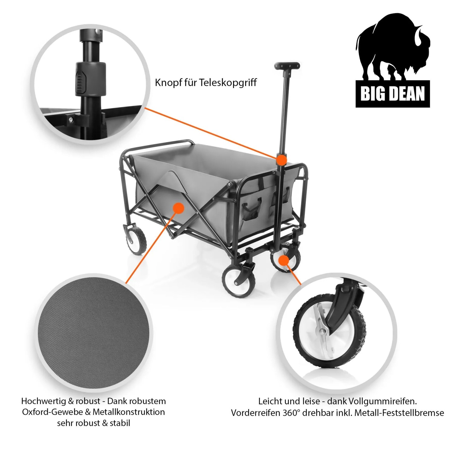 Faltbarer Bollerwagen von BigDean, grau, mit Teleskopgriff und Vollgummireifen. Ideal für Camping.