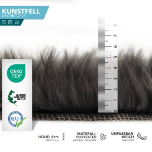 Flauschiges, graues Kunstfell Nelly mit 6 cm Florhöhe. Dekofell für Wohnraum, vielseitig einsetzbar.