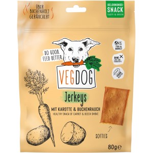 VegDog Jerkeys Hunde-Snack mit Karotte & Buchenrauch, 80g. Belohnungssnack für Hunde.