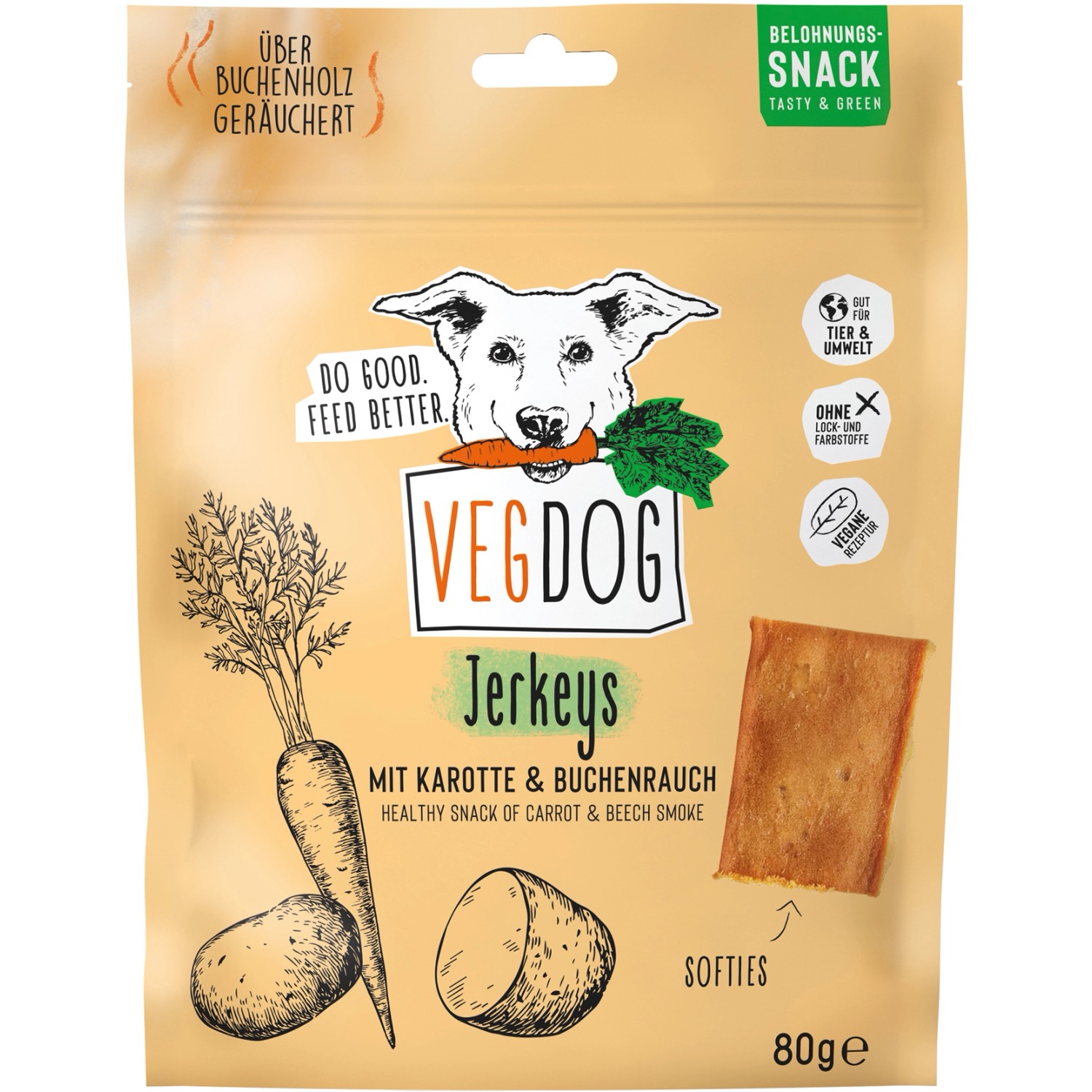 VegDog Hunde-Snack Jerkeys mit Karotte und Buchenrauch 80 g