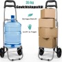 Grauer klappbarer Einkaufstrolley/Einkaufsroller, beladen mit Wasserflasche und Kartons. Zeigt 35 kg Tragkraft, geringes Gewicht.