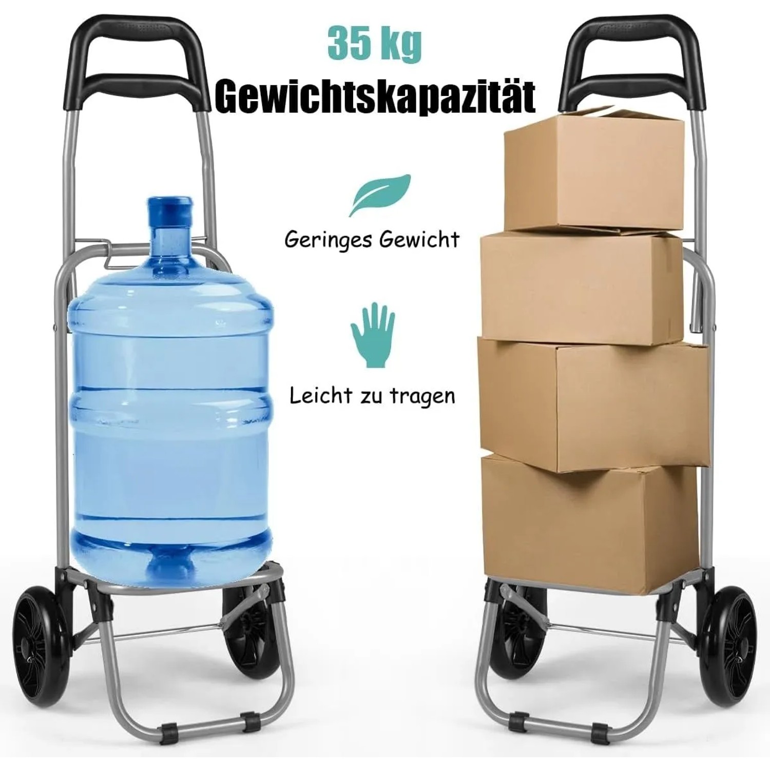 Grauer klappbarer Einkaufstrolley/Einkaufsroller, beladen mit Wasserflasche und Kartons. Zeigt 35 kg Tragkraft, geringes Gewicht.