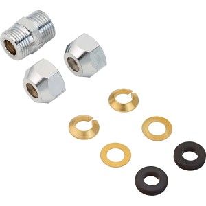 Quetschverschraubung Ø 8 mm, gerade, verchromt, mit Dichtungen und Einlegescheiben.