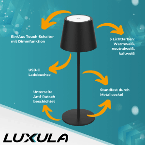 Schwarze LUXULA Akku Tischlampe mit Touch-Dimmer und 3 Lichtfarben. Kabellose LED Leuchte für Innen & Außen.