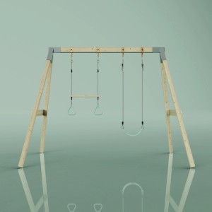 Mintgrüne PolarPlay Schaukel Tukan mit Trapez, Turnringen und Schaukelsitz aus Holz und Metall.