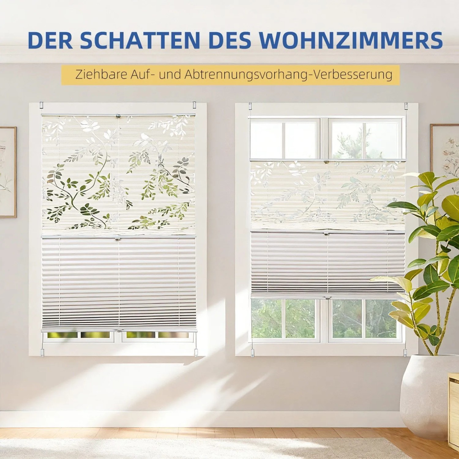 Sekey Doppelplissee Day&Night, beige mit Muster, 75x100cm, an zwei Fenstern im Wohnzimmer.