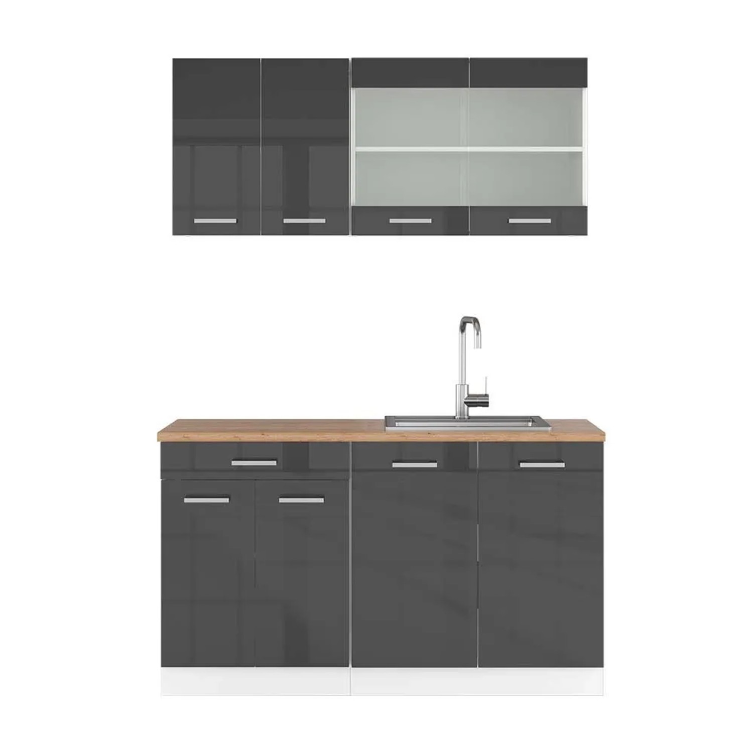 Vicco R-Line Singleküche Anthrazit Hochglanz Weiß 140 cm AP Eiche ohne E-Geräte