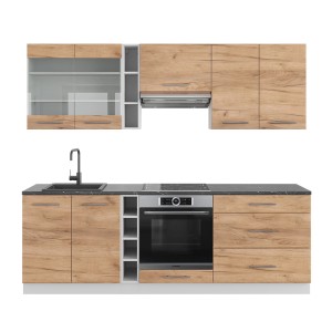 Vicco Fame-Line Küchenzeile in Goldkraft Eiche/Weiß mit anthrazitfarbener Arbeitsplatte.