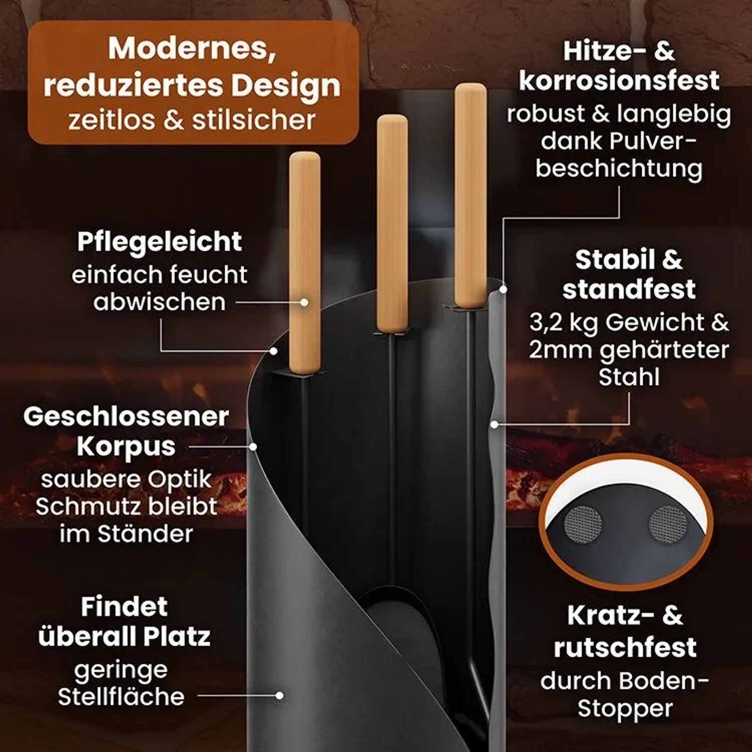 Schlankes, schwarzes 4-teiliges Kaminbesteck VAIL aus pulverbeschichtetem Stahl mit Holzgriffen und Ständer.